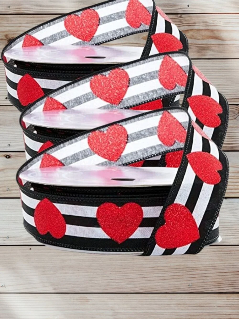 9 Yards / 27 Feet Valentine Glitter Red Hearts Black White Striped Wired Ribbon